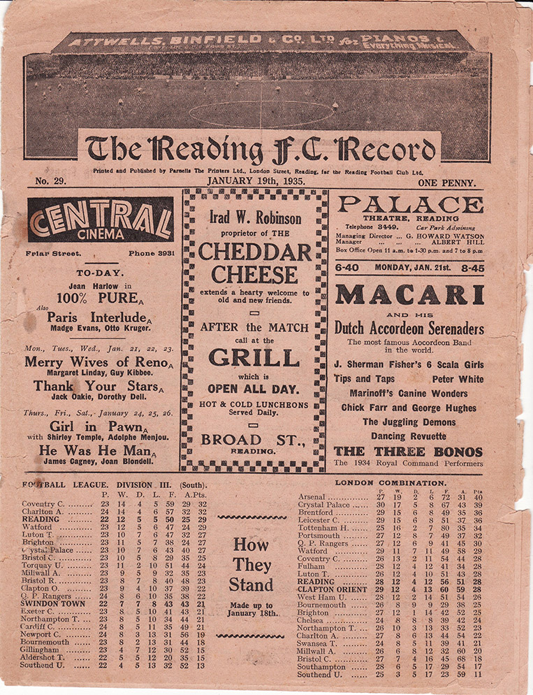 <b>Saturday, January 19, 1935</b><br />vs. Reading (Away)